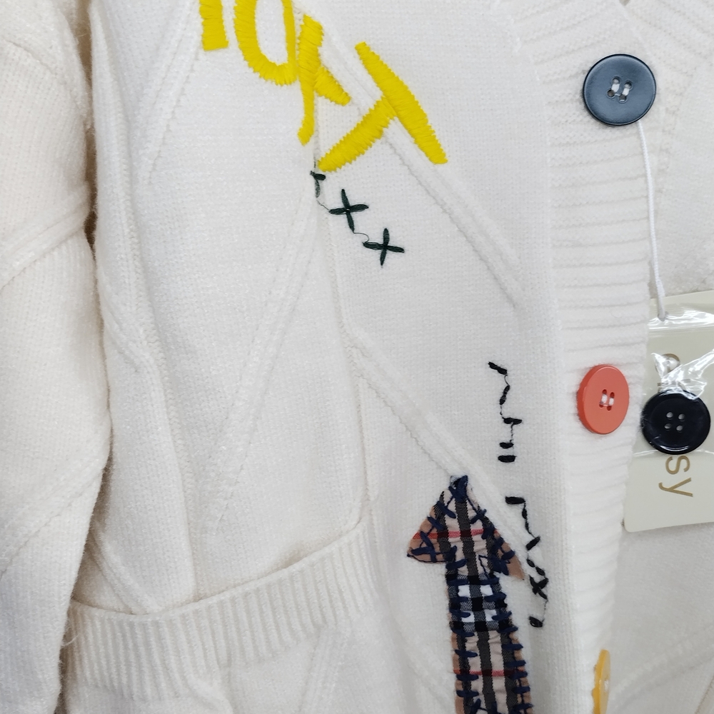 Dream Embroidered Patch Work Button Cream Cardigan Sweater S/M - Picture 6 of 12